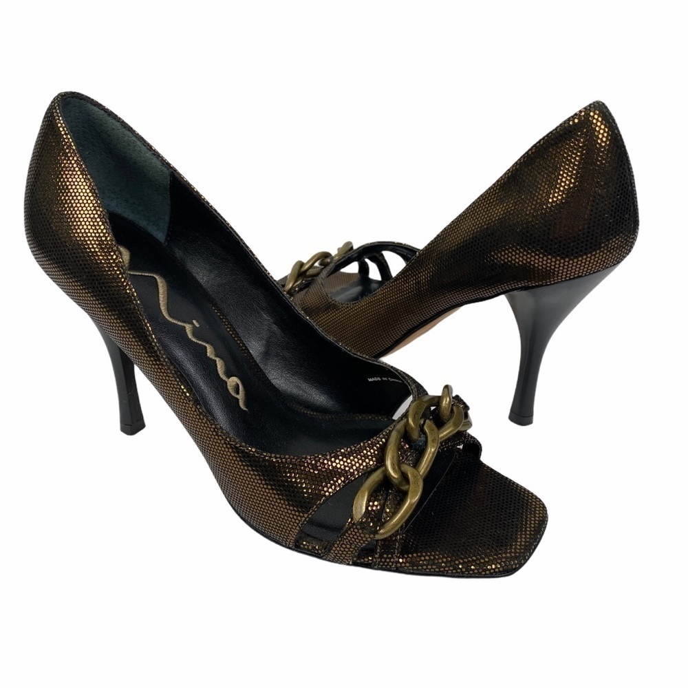Nina Bronze Chain Link Leather Sole Stiletto Heels Women's Size‎ 7 Open Toe